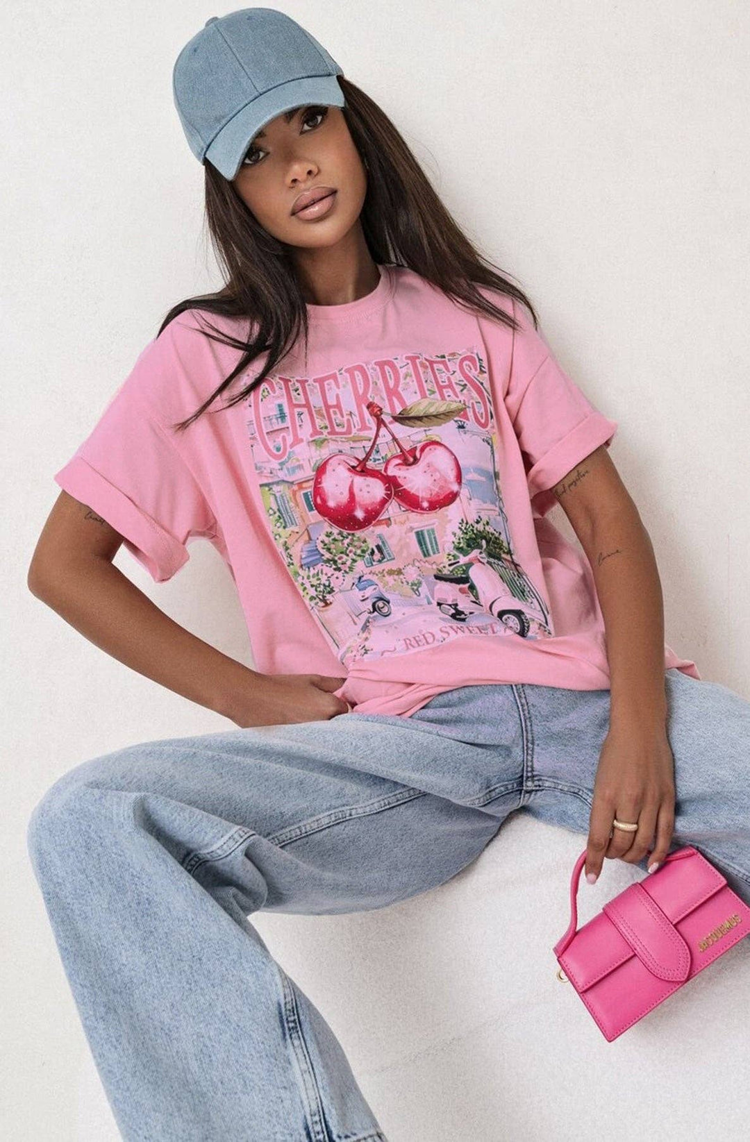 CHERRIES RED SWEET GRAPHIC PRINTED T-SHIRT PINK  (ONE SIZE UK 8/14)