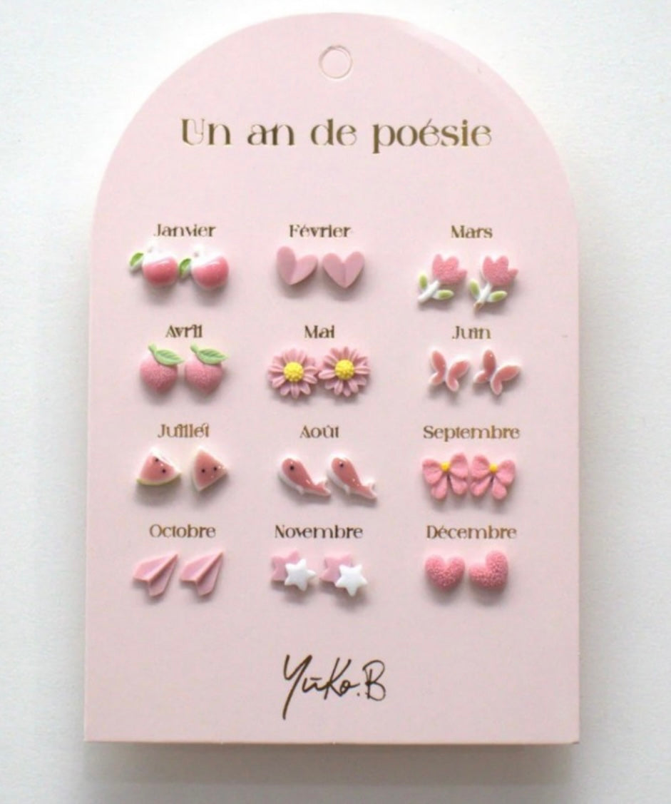 SET OF 12 PAIRS OF CERAMIC EARRINGS - A YEAR OF PINK POETRY