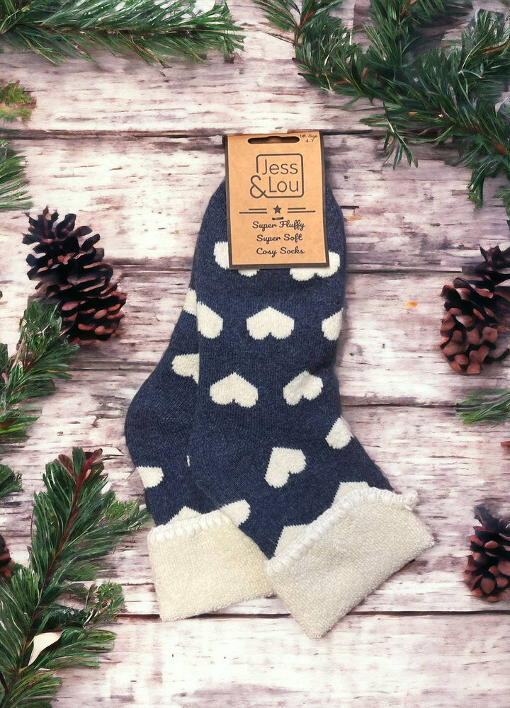 NAVY HEART CUFF COSY SOCKS