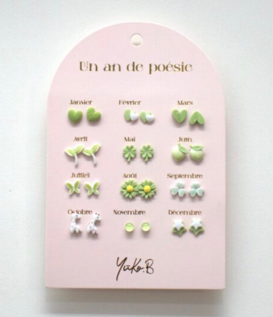 SET OF 12 PAIRS OF NICKEL-FREE CERAMIC EARRINGS – A YEAR OF GREEN POETRY
