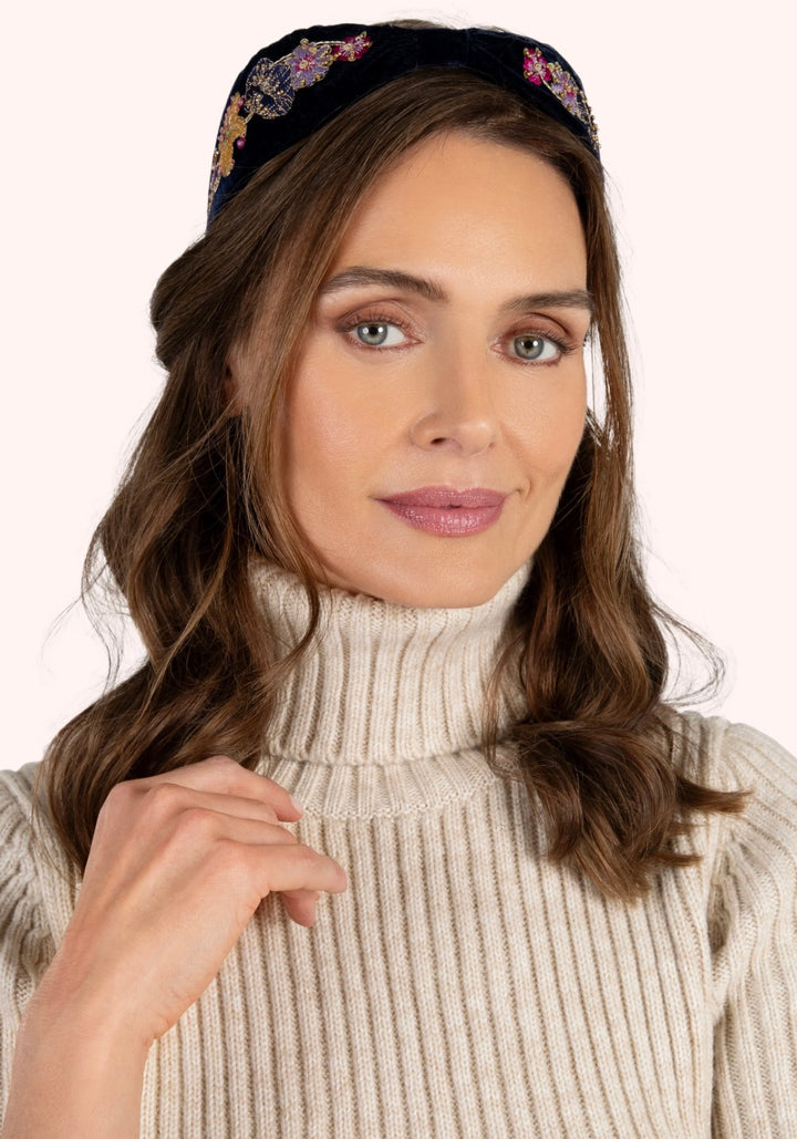 MIDNIGHT POSY EMBROIDERED VELVET HEADBAND