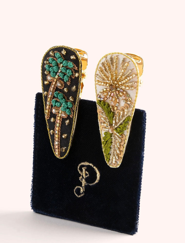 MIDNIGHT TREES & CHAMPAGNE FLOWER HAIR CLIPS