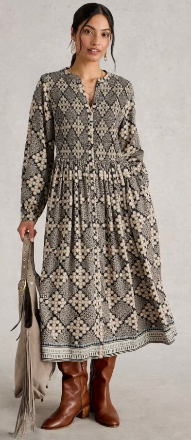 NAVY PRINT HATTIE SHIRRED DRESS