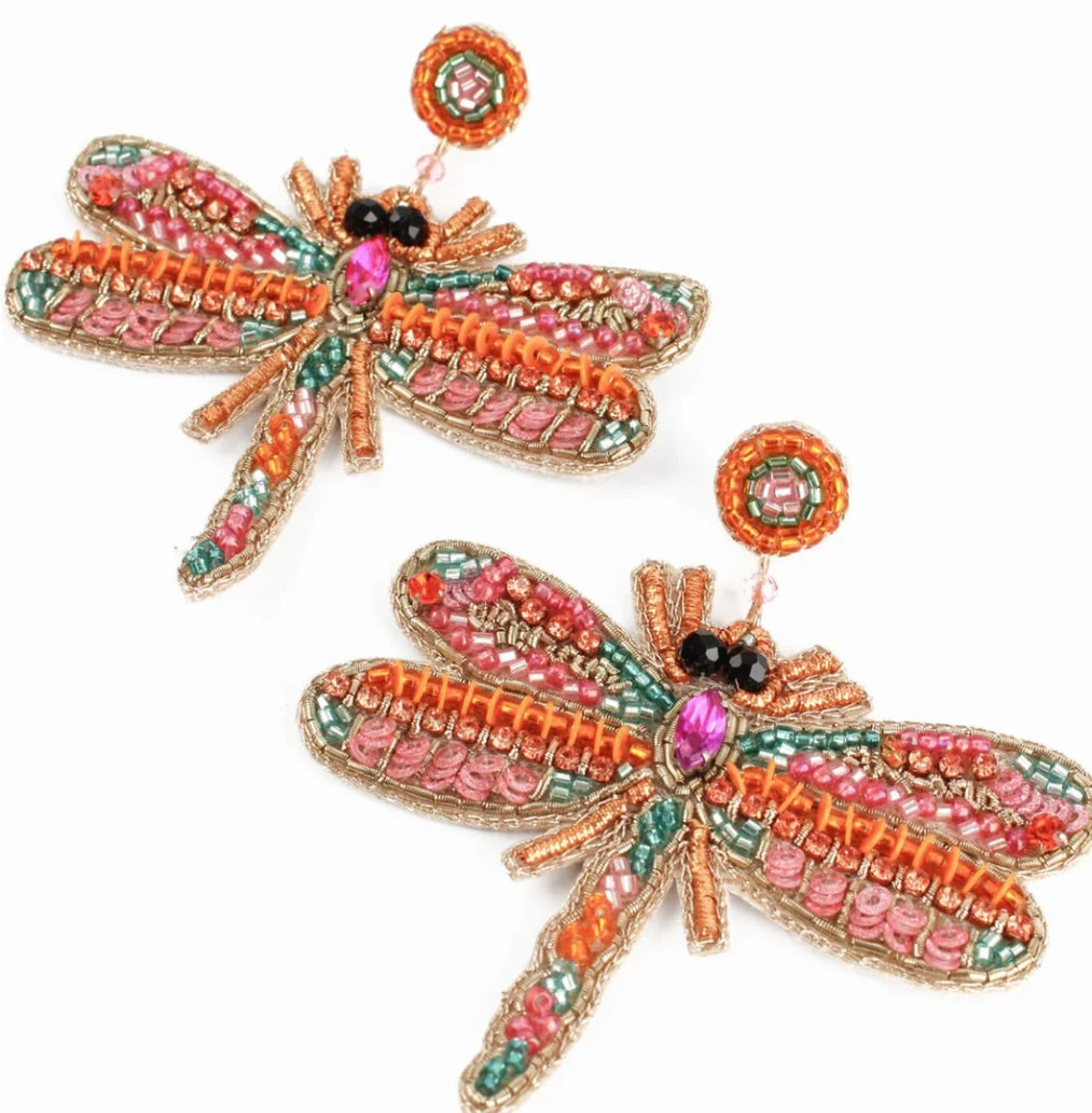 PINK BEADED DRAGONFLY EARRINGS