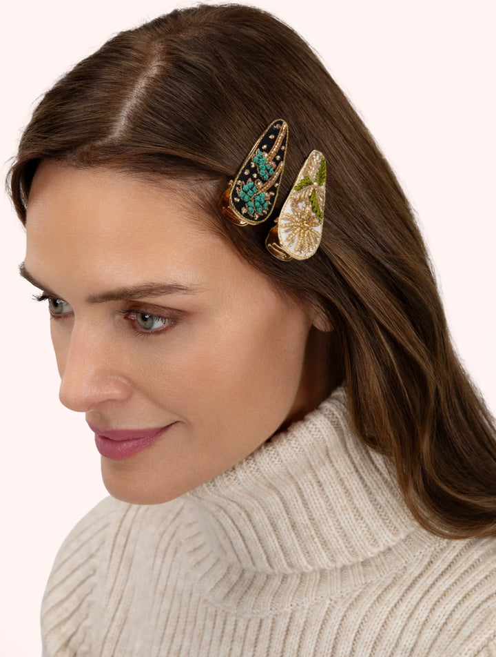 MIDNIGHT TREES & CHAMPAGNE FLOWER HAIR CLIPS