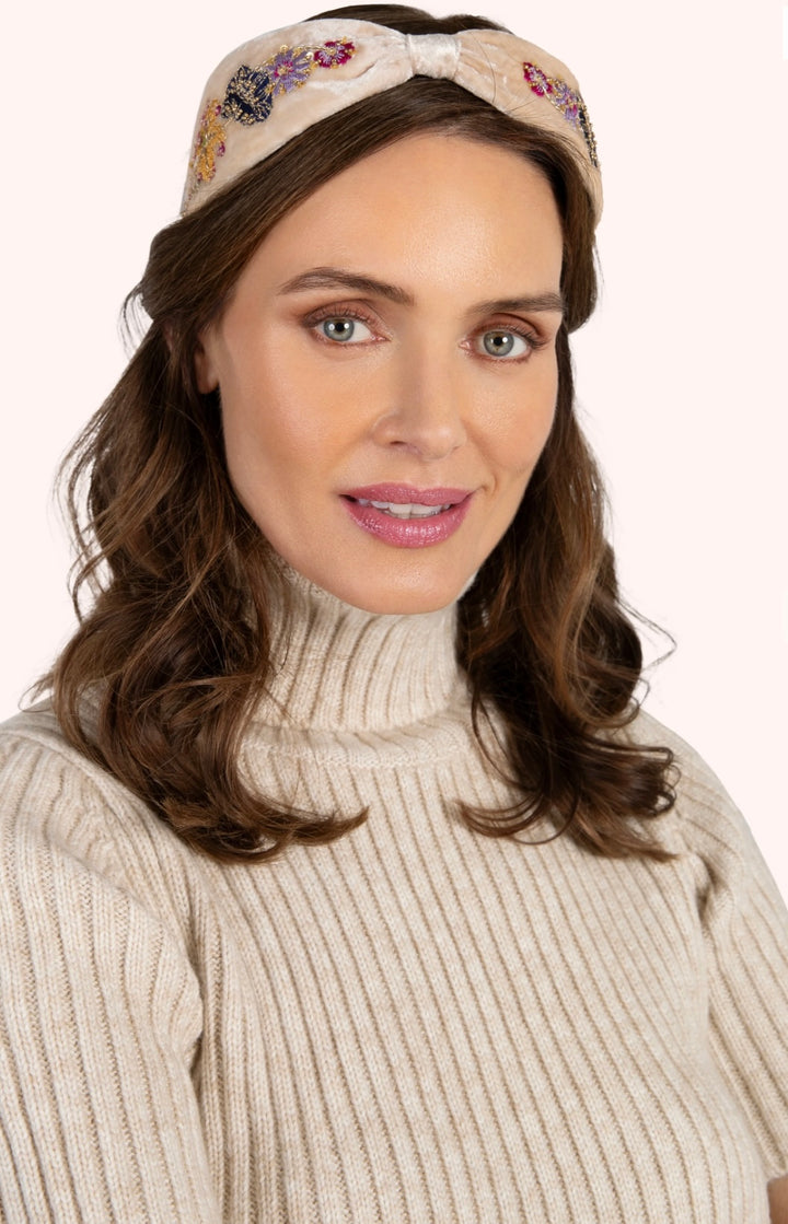 CREAM POSY EMBROIDERED VELVET HEADBAND