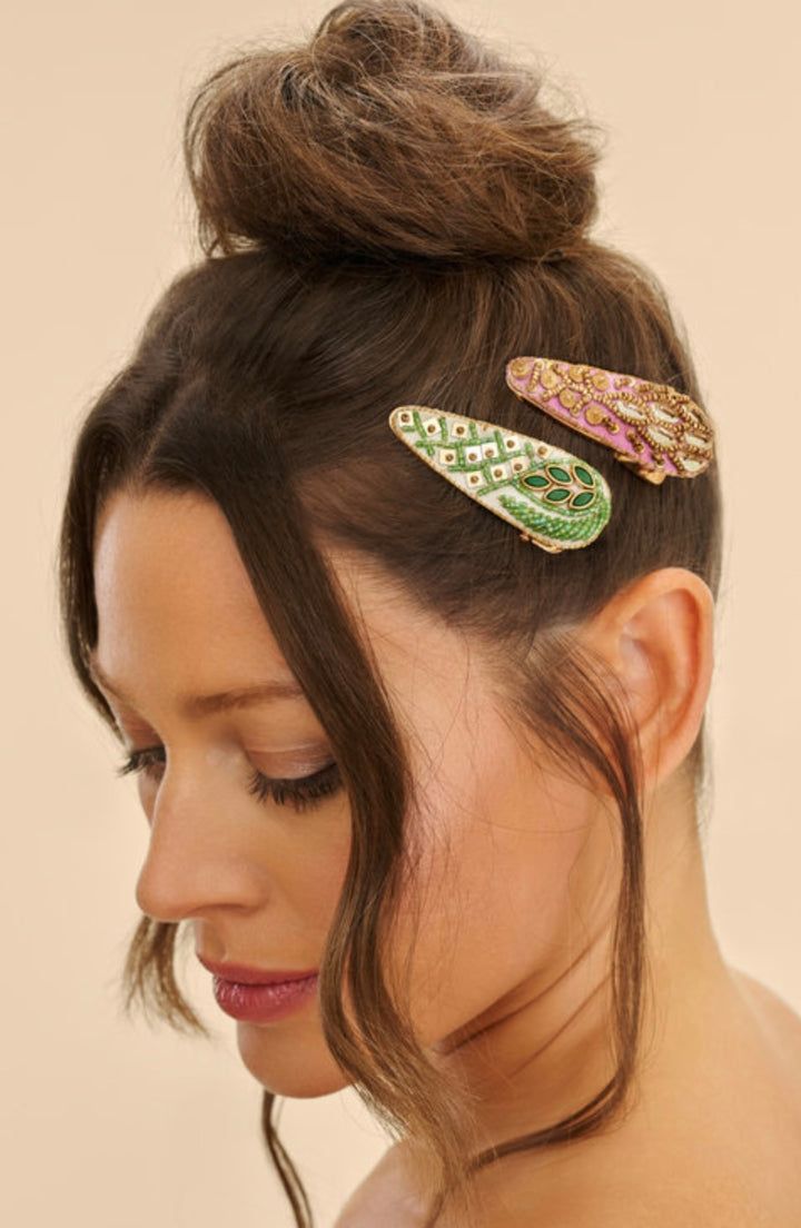 SAGE & LILAC LEAF & FEATHER HAIRCLIPS