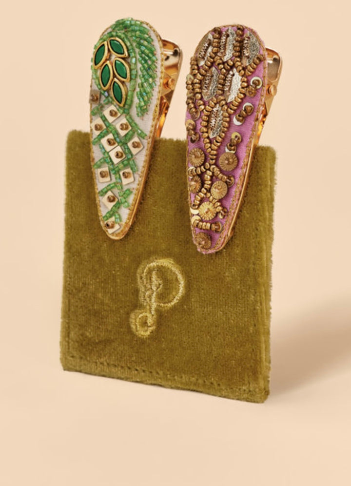 SAGE & LILAC LEAF & FEATHER HAIRCLIPS