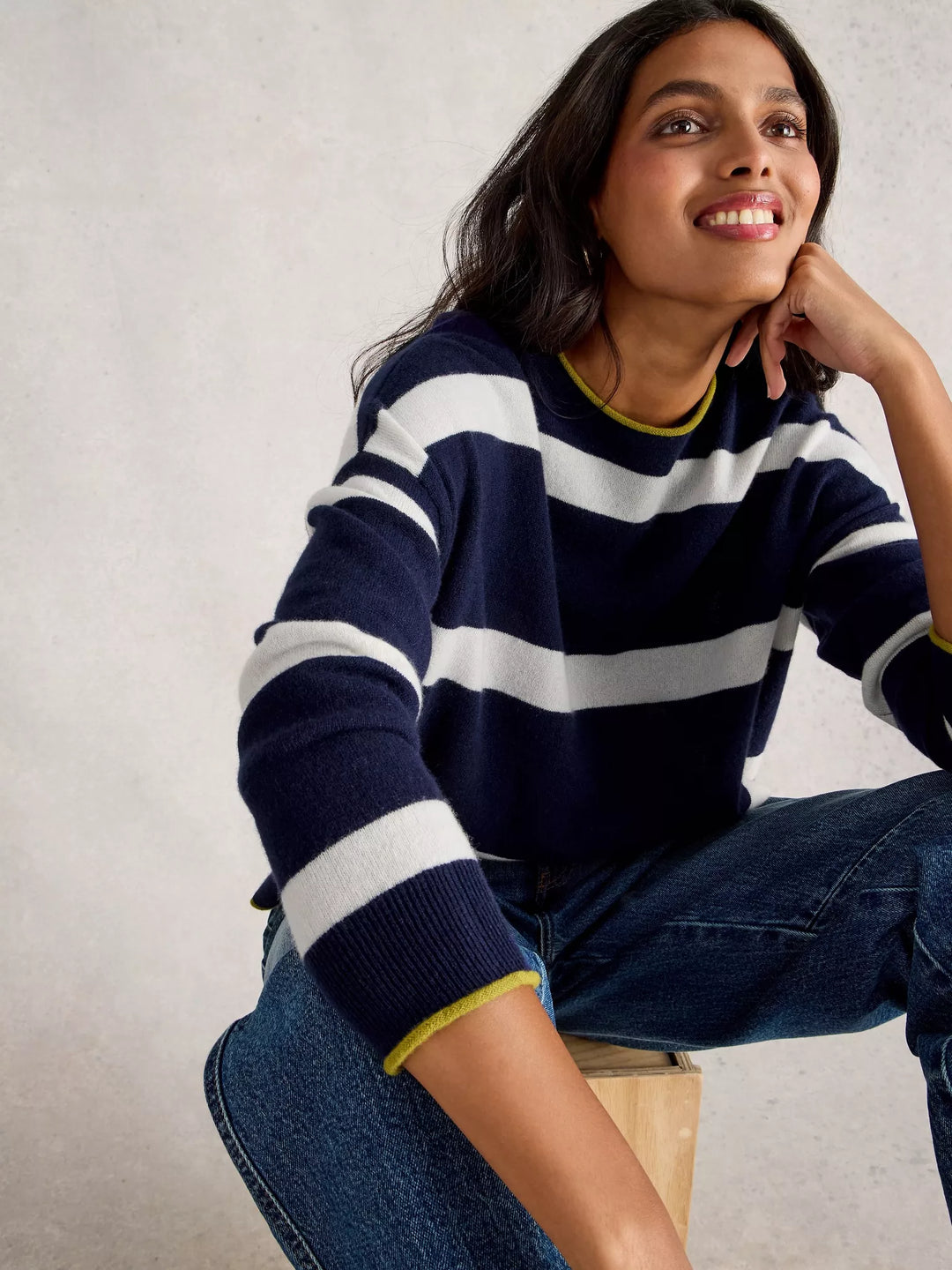 NAVY MULTI KITTY STRIPE CASHMERE JUMPER