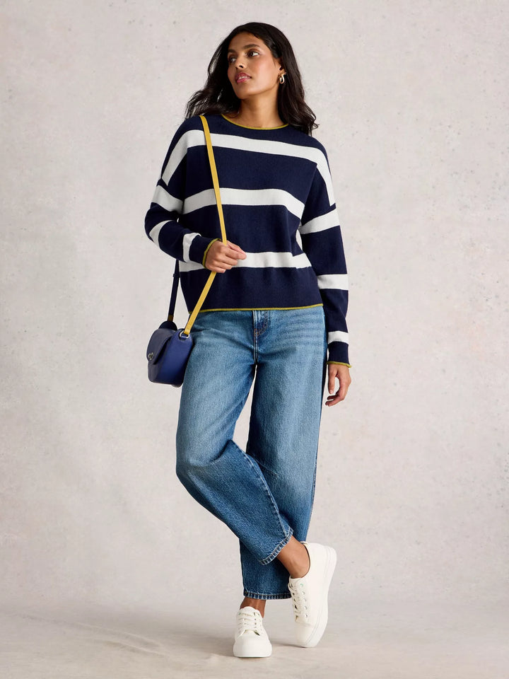 NAVY MULTI KITTY STRIPE CASHMERE JUMPER