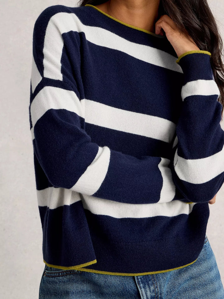 NAVY MULTI KITTY STRIPE CASHMERE JUMPER