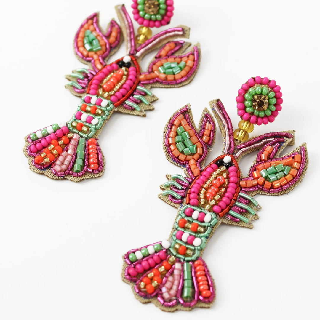PINK RAINBOW BEADED LOBSTER EARRINGS