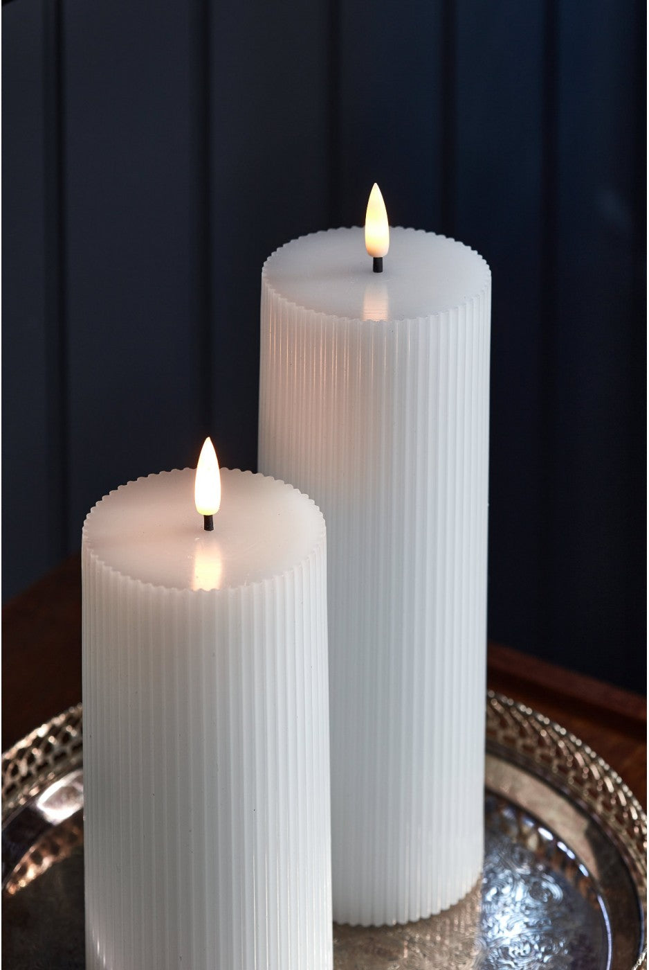 SET OF 2 WHITE LED FLAME RIBBED PILLAR CANDLES