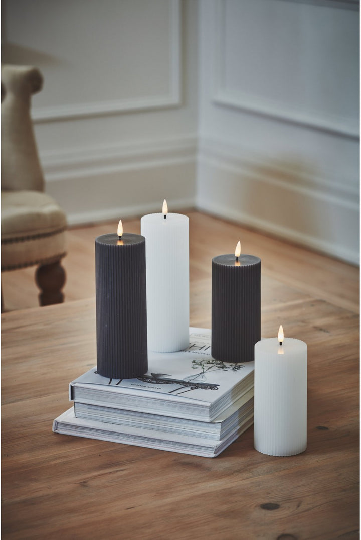 SET OF 2 WHITE LED FLAME RIBBED PILLAR CANDLES