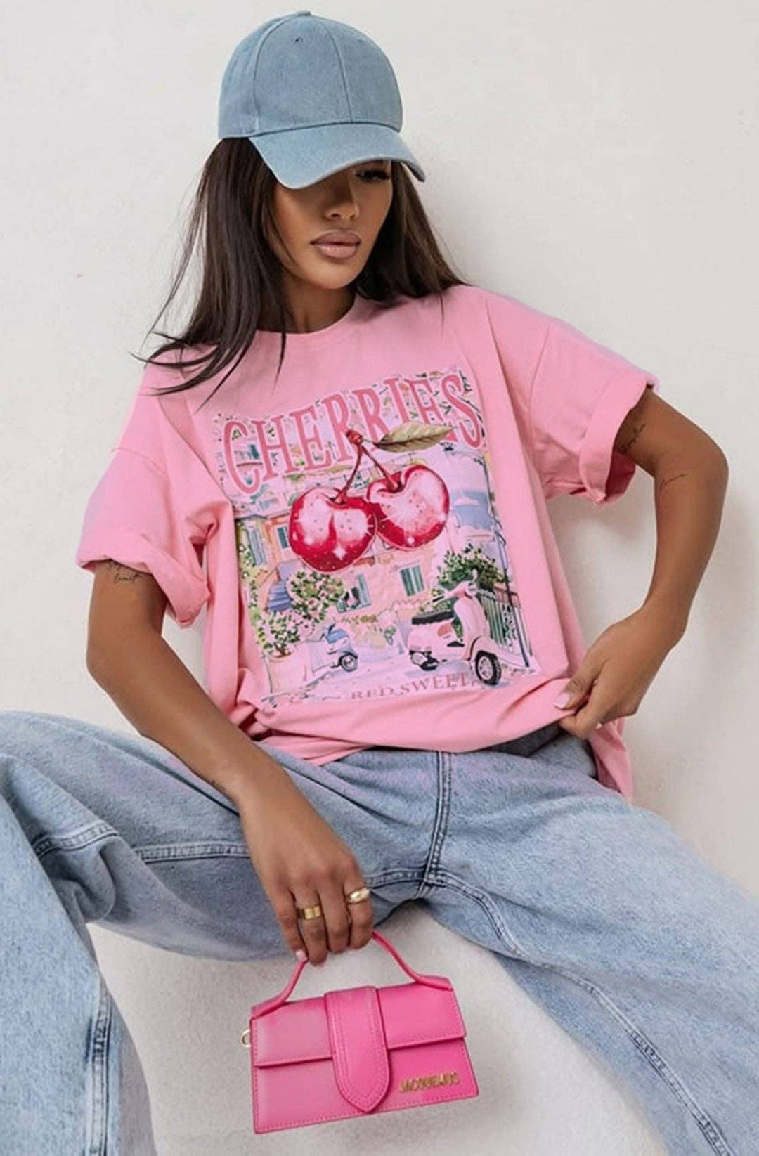 CHERRIES RED SWEET GRAPHIC PRINTED T-SHIRT PINK  (ONE SIZE UK 8/14)