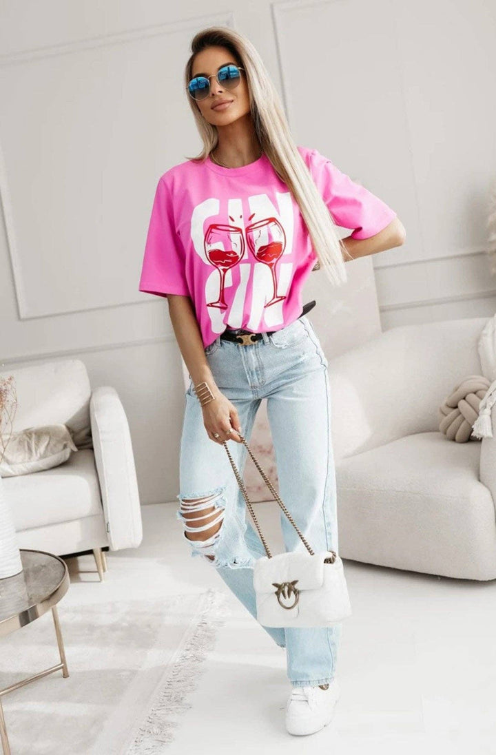 CIN CIN GRAPHIC PRINT T-SHIRT PINK(ONE SIZE UK 8/14)