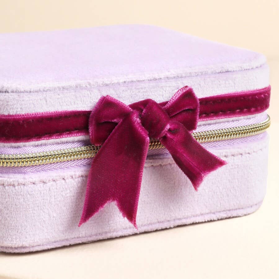 Pink and Burgundy Velvet Bow Square Travel Jewellery Case