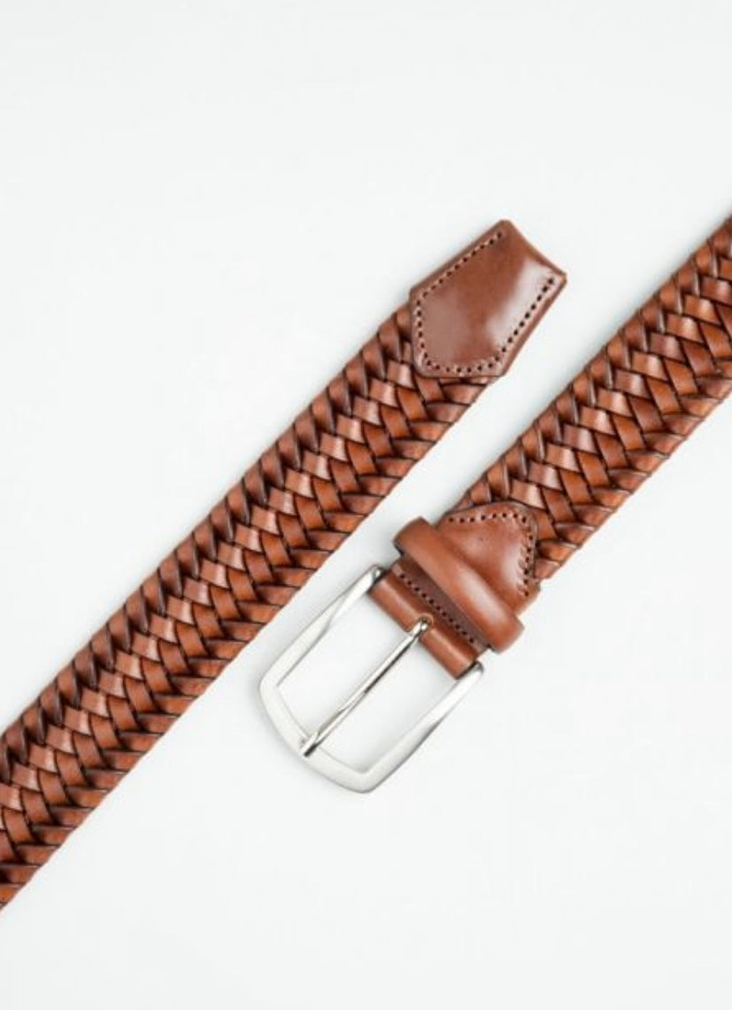 COGNAC TAN LEATHER STRECH BRAIDED BELT