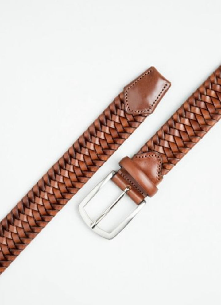 COGNAC TAN LEATHER STRECH BRAIDED BELT
