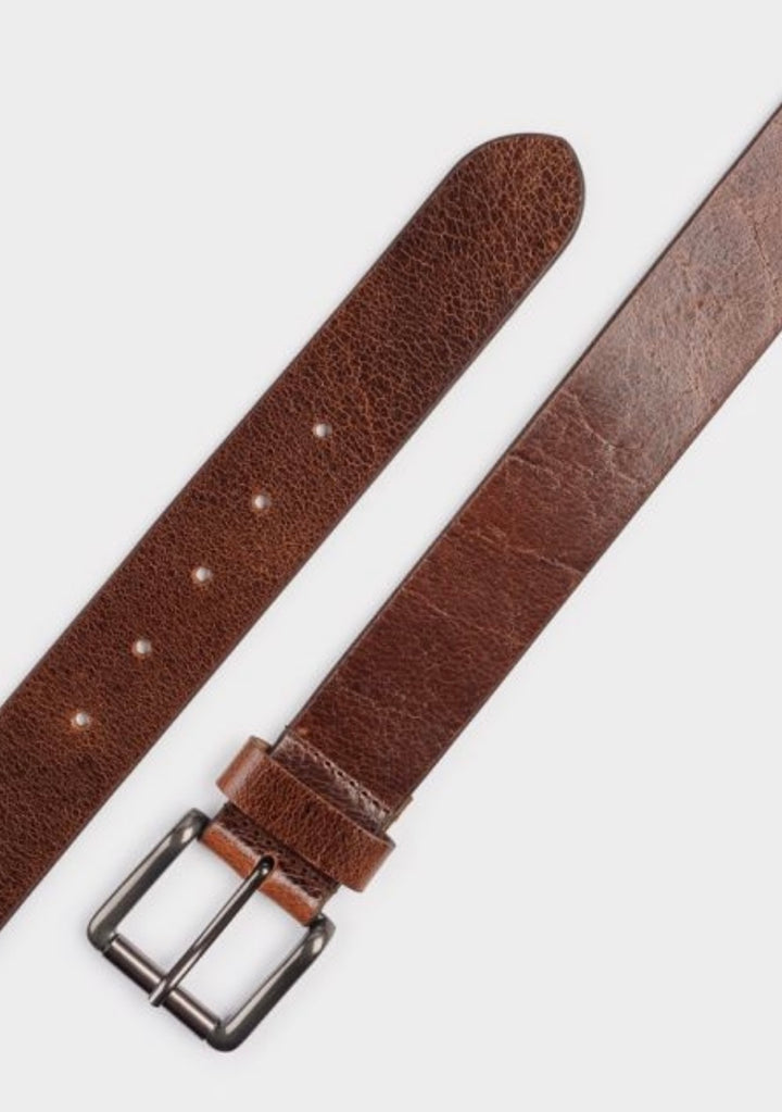 MID BROWN WAXY MARBLE LEATHER BELT