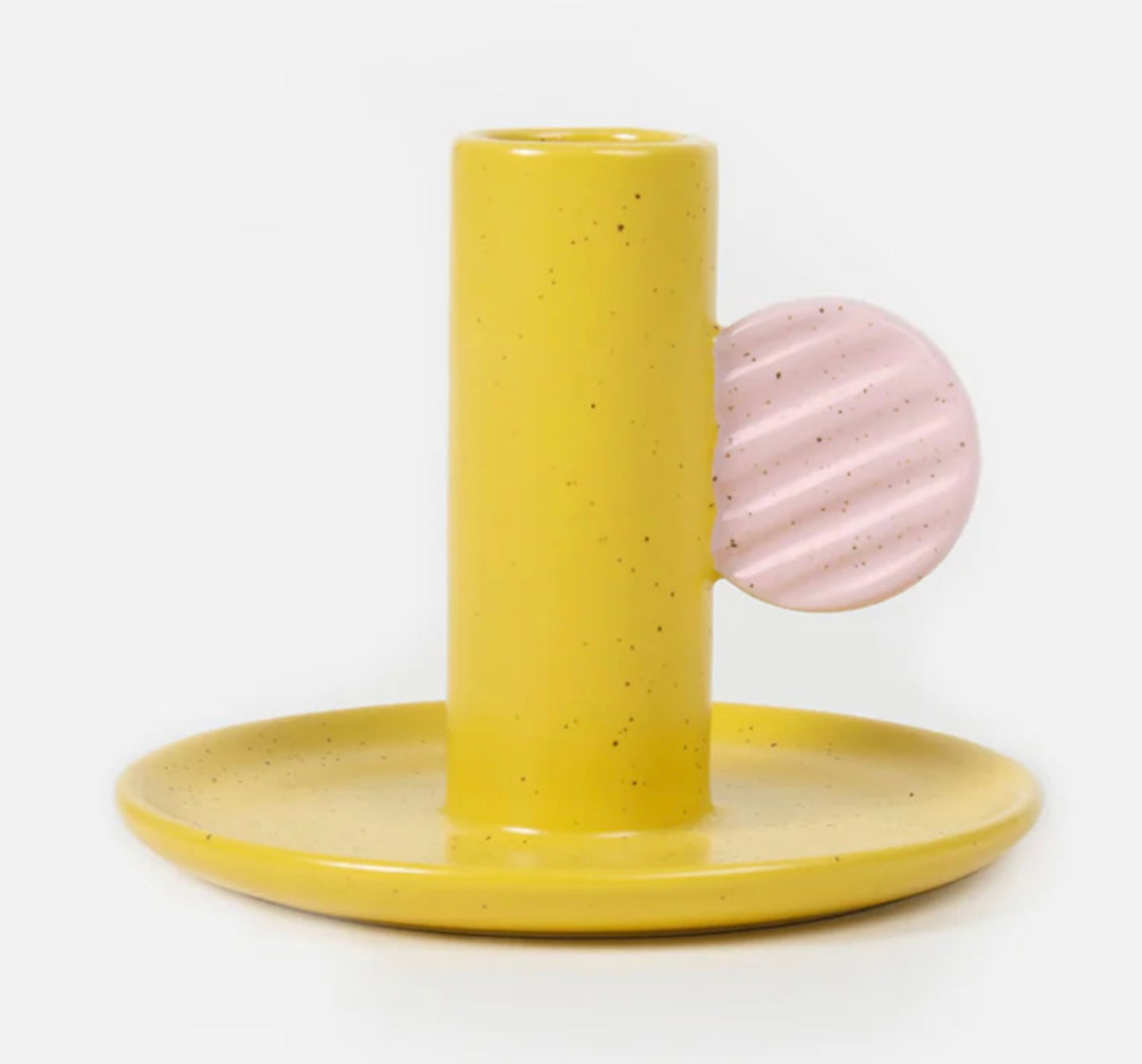 MUSTARD & LILAC HAND PAINTED STONEWARE CANDLE HOLDER