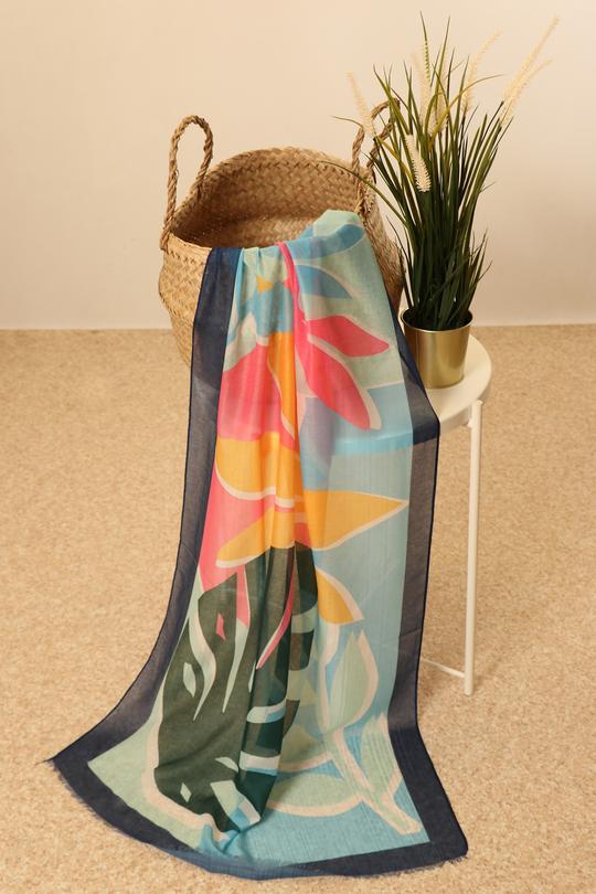 DENIM BLUE TROPICAL LEAF SCARF