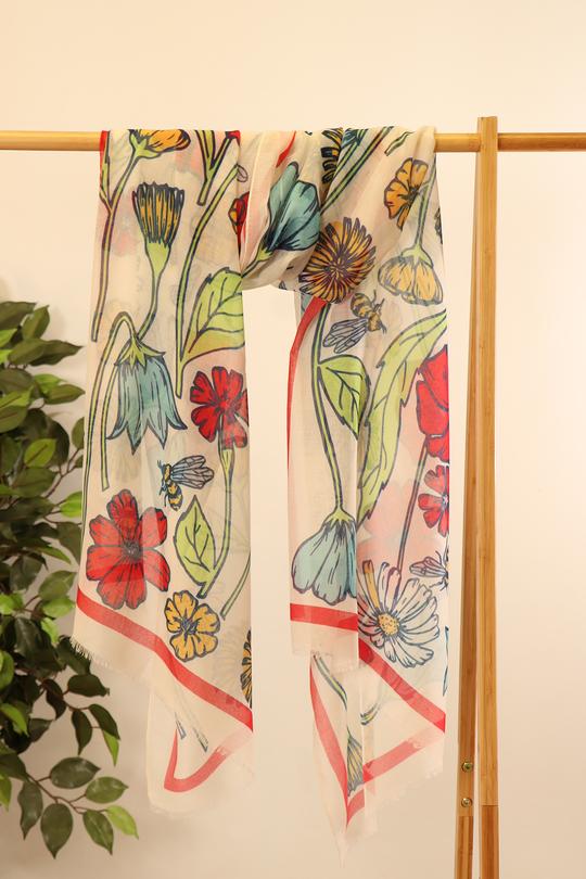 CREAM & RED GARDEN FLORAL SCARF