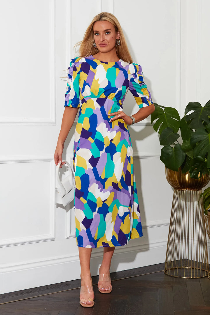 SAMIRA LILAC ABSTRACT FRILL SLEEVE MIDI DRESS