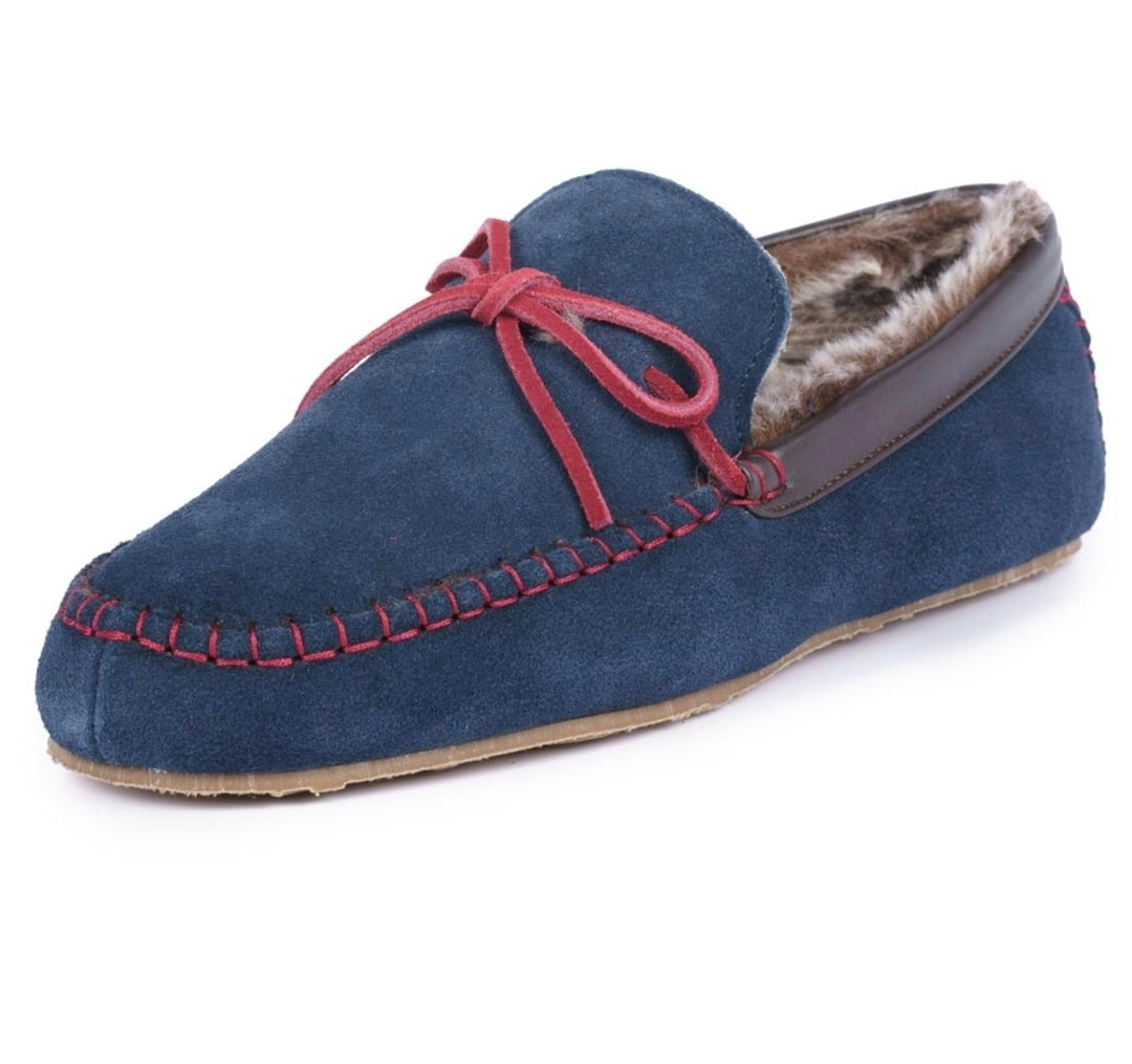 MENS NAVY & RED BENSON SUEDE MOCCASIN SLIPPER