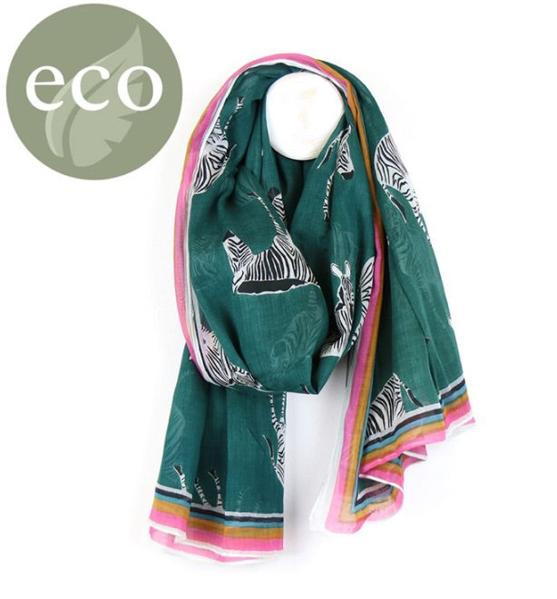 DARK TEAL ZEBRA PRINT SCARF WITH PINK BORDER