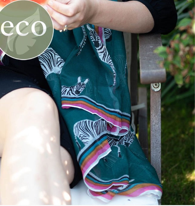 DARK TEAL ZEBRA PRINT SCARF WITH PINK BORDER