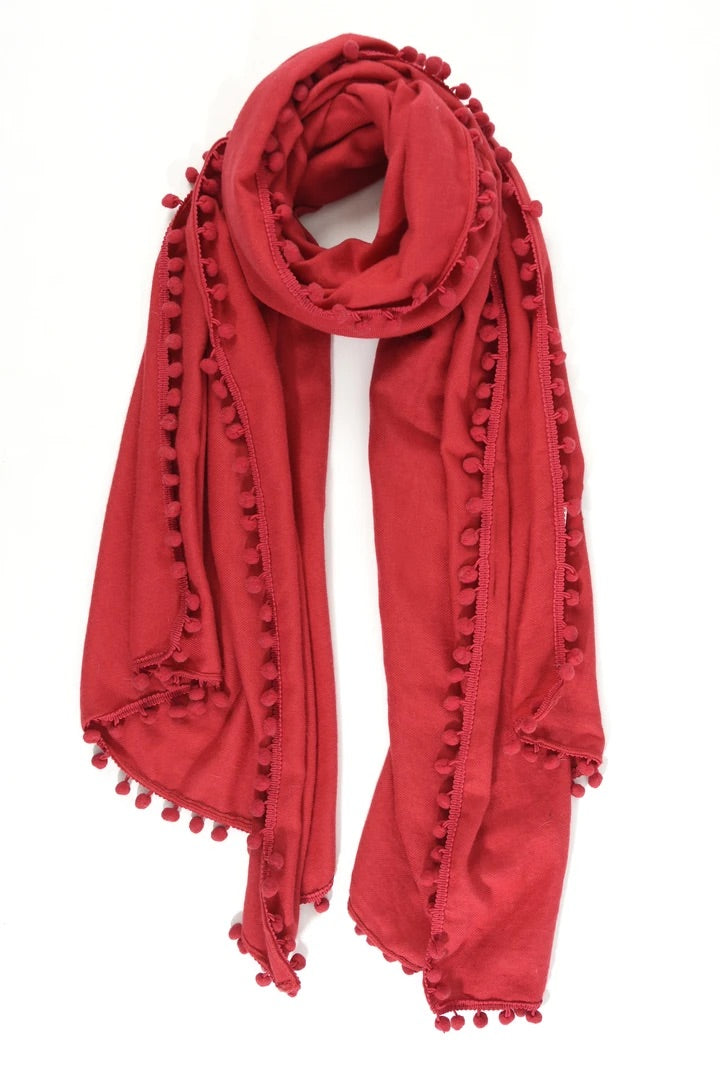 RED POM POM TRIM SCARF