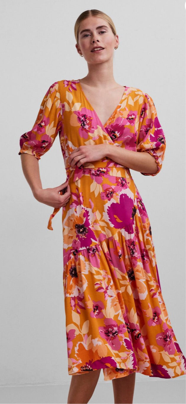 ZOE RADIANT YELLOW 2/4 WRAP MIDI DRESS