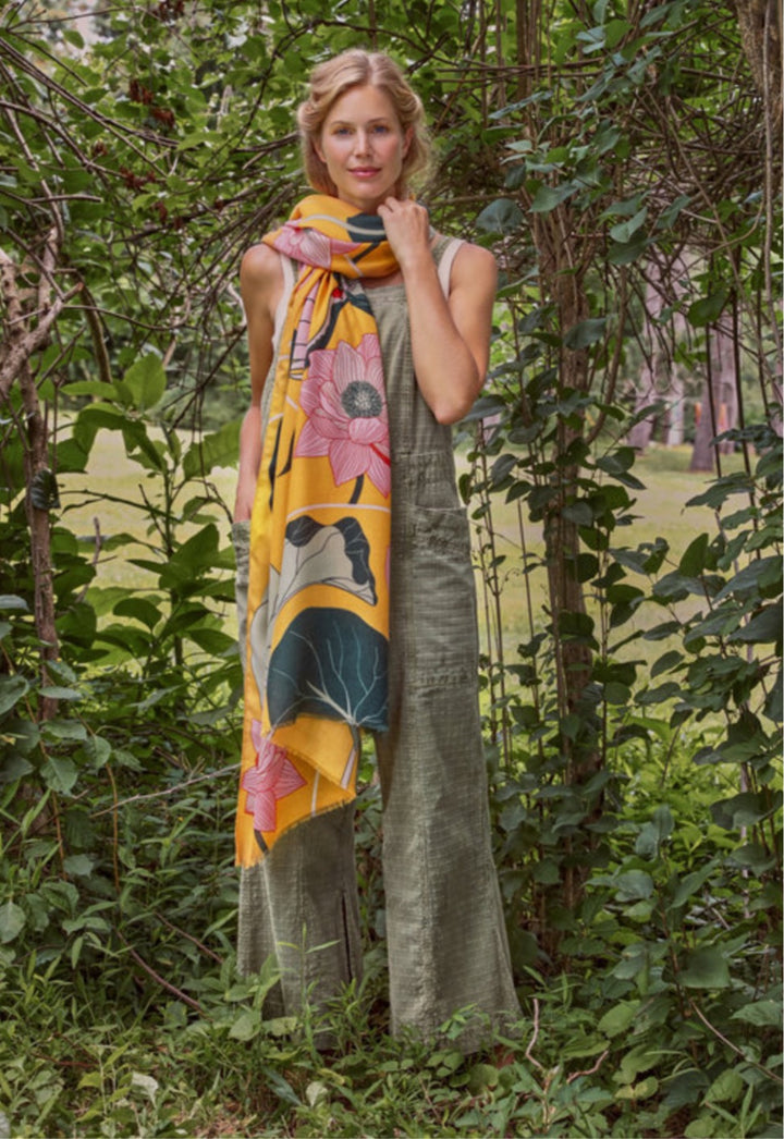 PRINTED MUSTARD CRANE AT SUNRISE SCARF