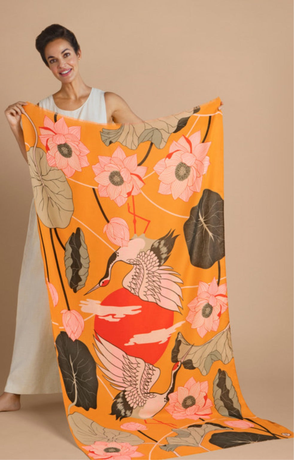 PRINTED MUSTARD CRANE AT SUNRISE SCARF