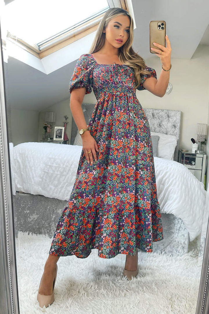 NAVY & ORANGE FLORAL PUFF SLEEVE SMOCK DRESS