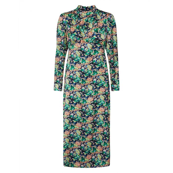 DAVINA LONG SLEEVE BLACK MULTI FLOWER MIDI DRESS