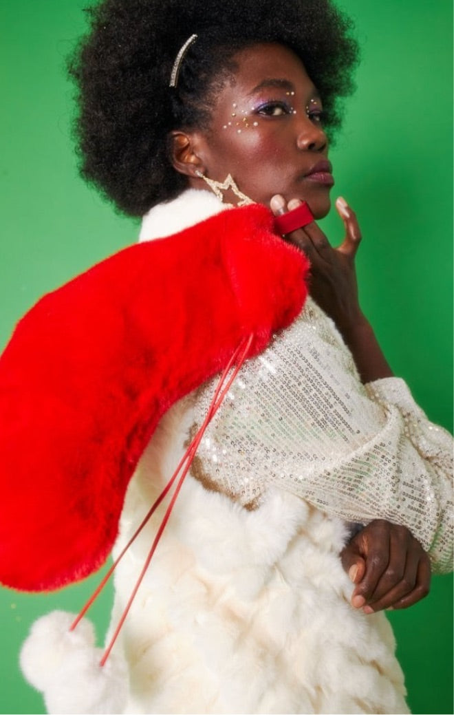 CLASSIC FAUX FUR STOCKING WITH WHITE POM POMS