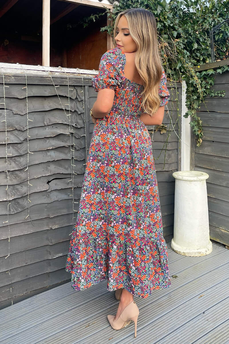 NAVY & ORANGE FLORAL PUFF SLEEVE SMOCK DRESS