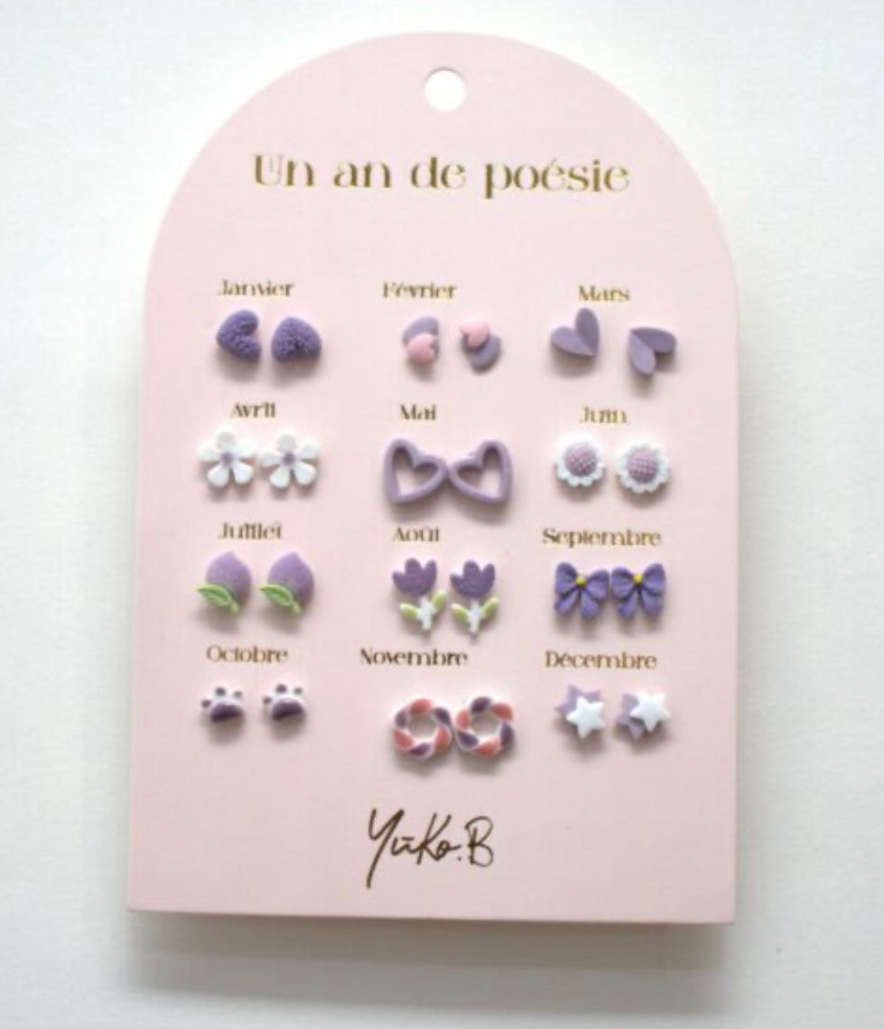Set Of 12 Pairs Of Nickel-Free Ceramic Earrings – A Year Of Poetry Purple