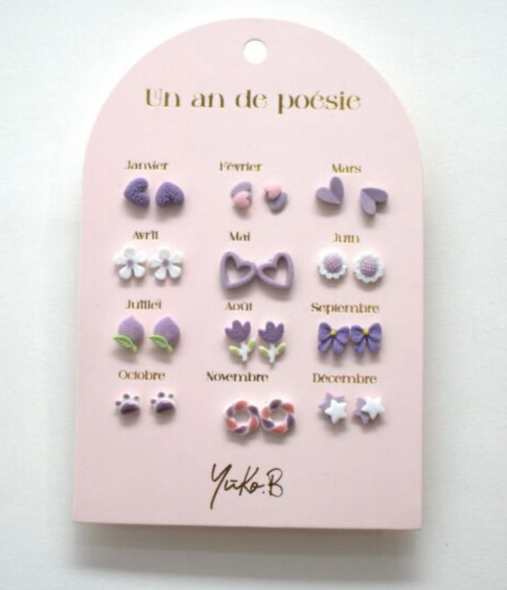 Set Of 12 Pairs Of Nickel-Free Ceramic Earrings – A Year Of Poetry Purple