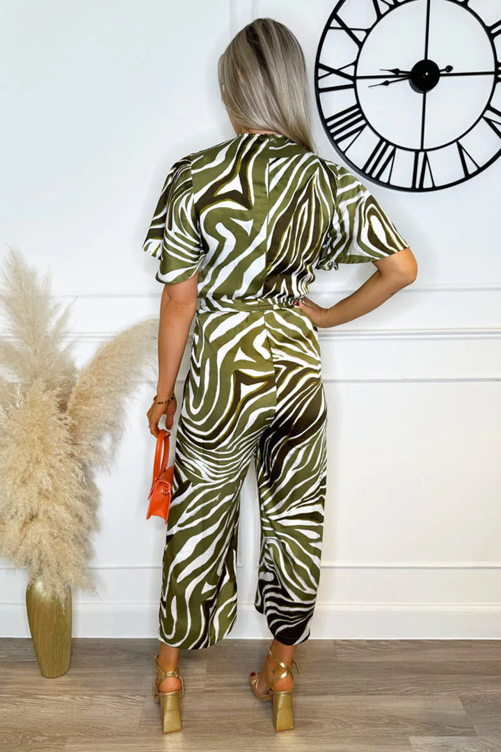 OLIVE PRINT WRAP TOP TIE WAIST JUMPSUIT