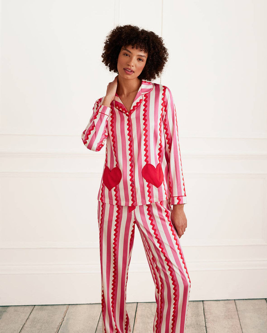 Satin Heart Pocket Striped Long Pyjama Set: Pink / UK 16