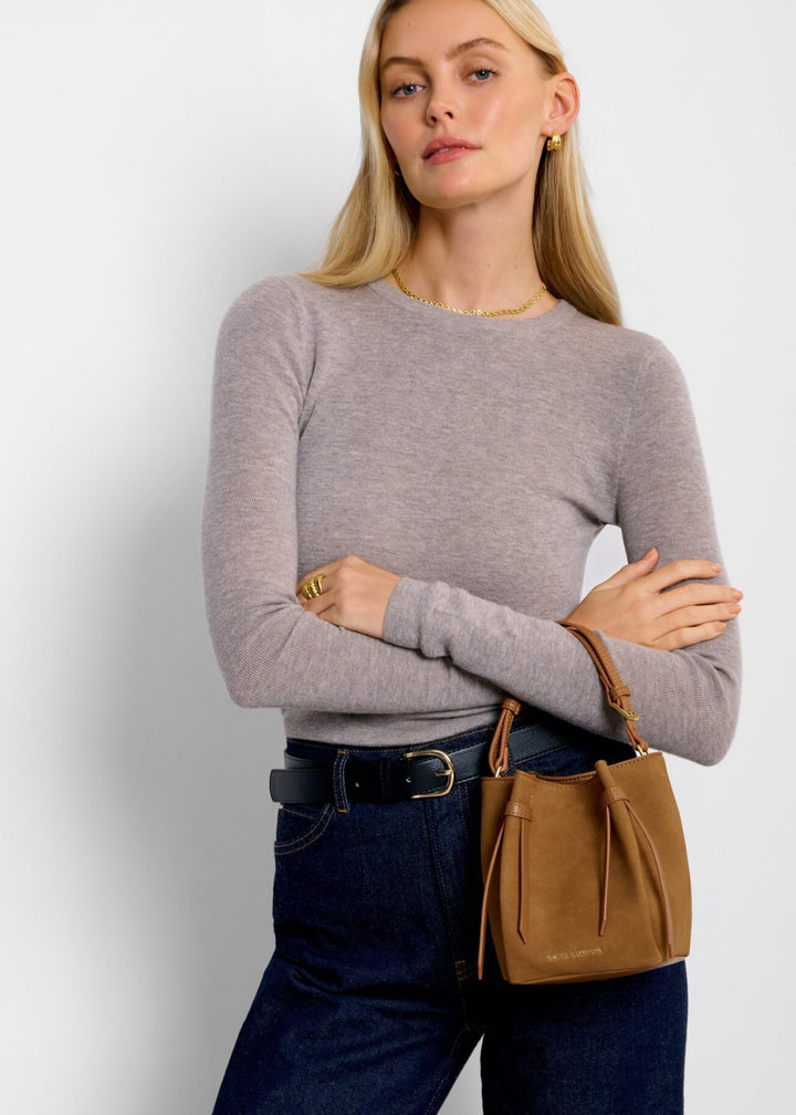 CELINA MINI SUEDETTE BUCKET BAG |  CARAMEL SUETTTE