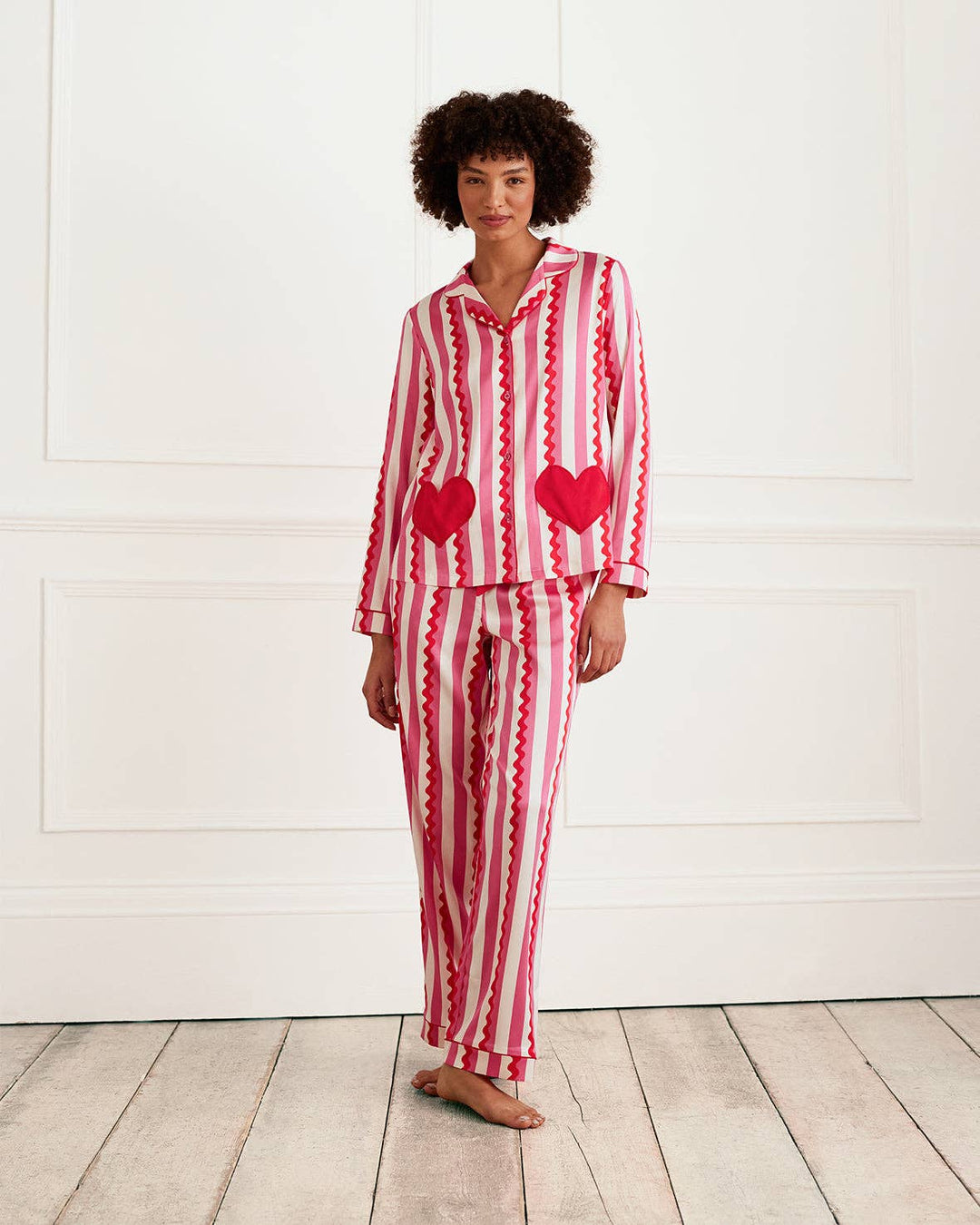 Satin Heart Pocket Striped Long Pyjama Set: Pink / UK 14