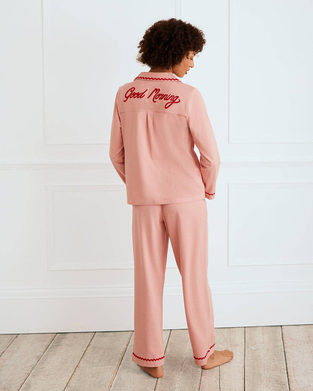Organic Cotton Embroidered Back Good Morning Long Pyjama Set: Pink / UK 12