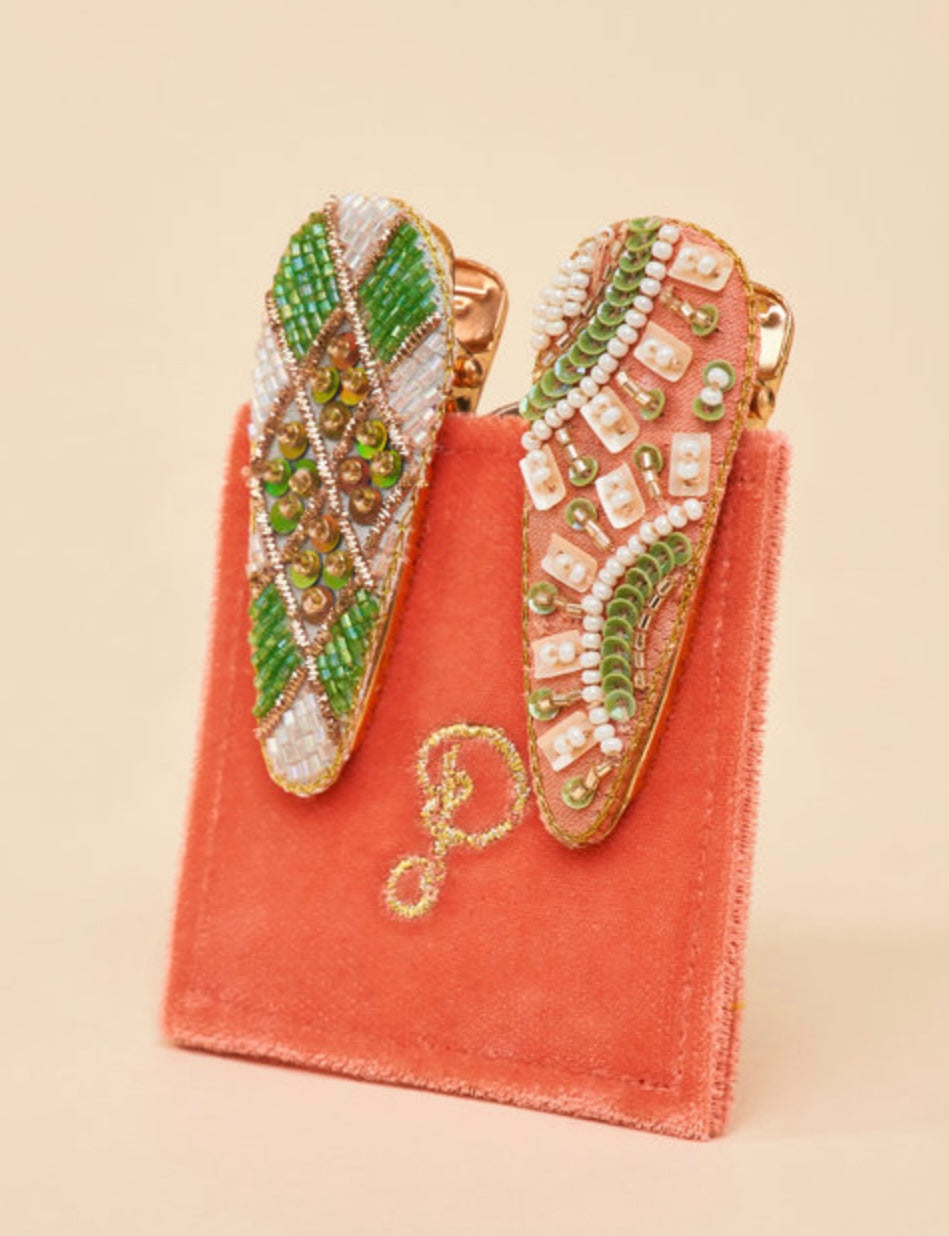 SUNNY & CHECK GREEN JEWELLED HAIR CLIPS