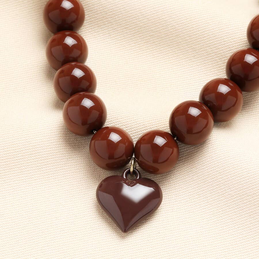 Heart Charm Chunky Brown Beaded Necklace