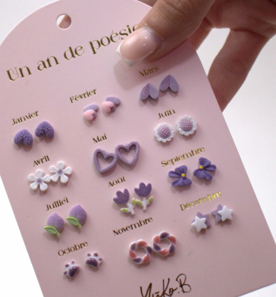 Set Of 12 Pairs Of Nickel-Free Ceramic Earrings – A Year Of Poetry Purple