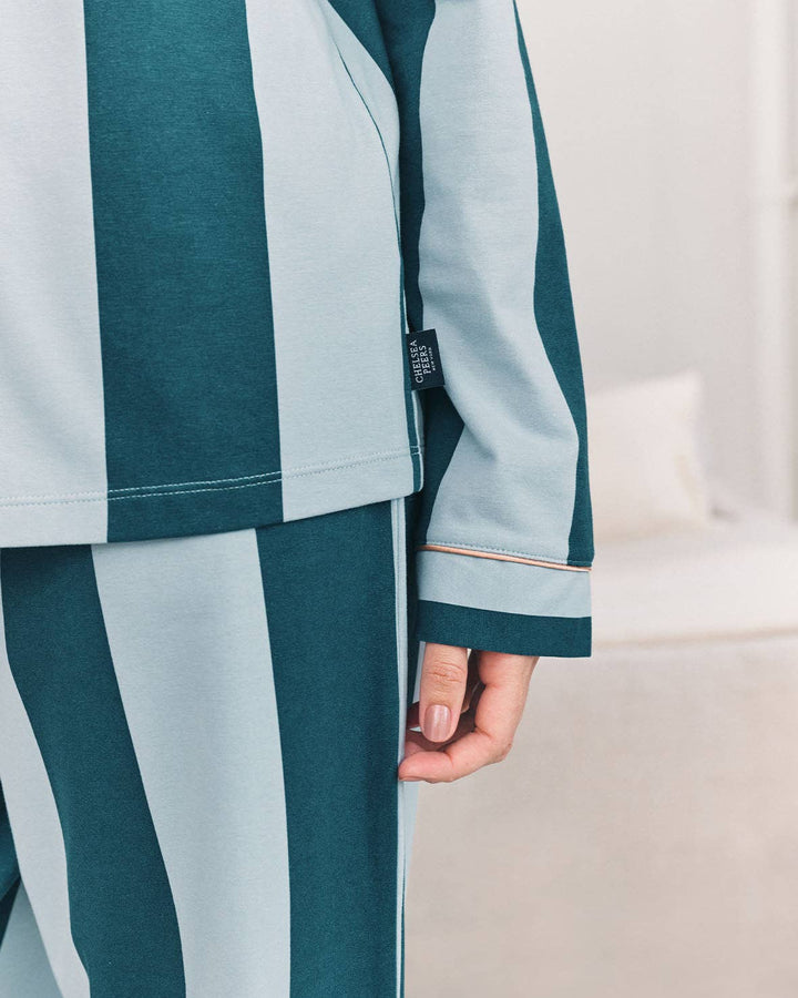 Organic Cotton Stripe Long Pyjama Set - Blue: UK 10